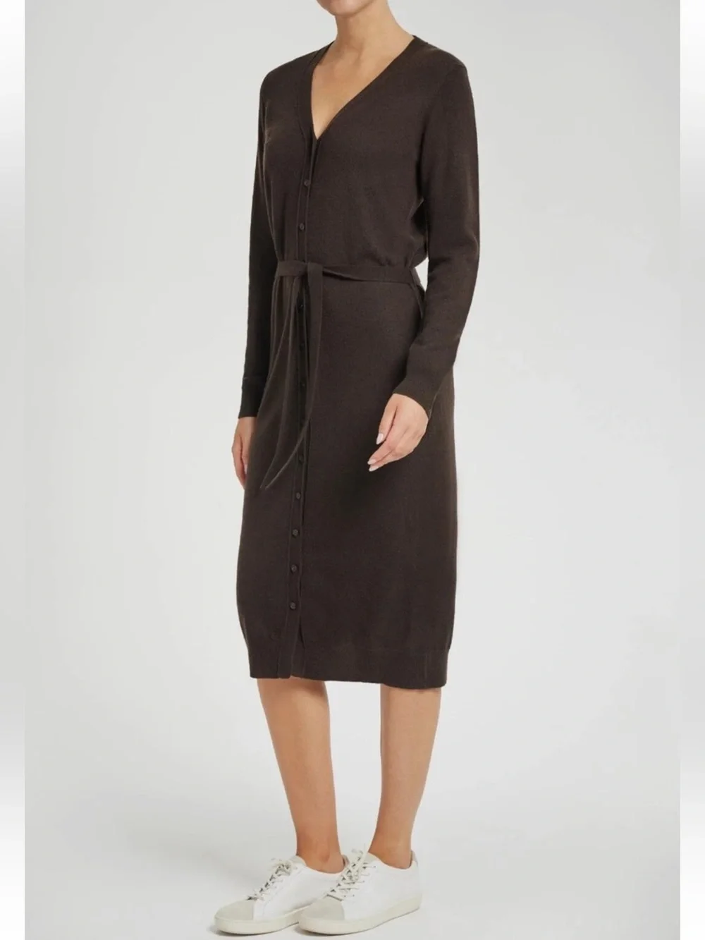NWT ☕️ Anatomie Cashmere Wool Brown Button-Front V-Neck Belted Sweater Dress